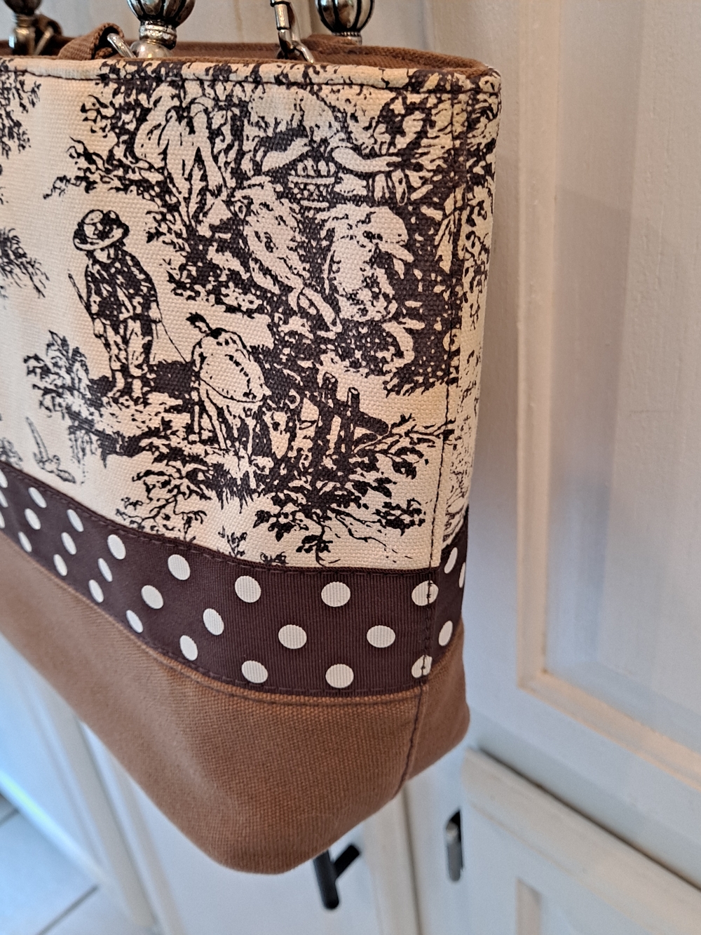Vivary Vintage Cream Brown Toile De Jouy Tote Satchel Polka-Dot Bow Canvas Bag - Picture 7 of 14